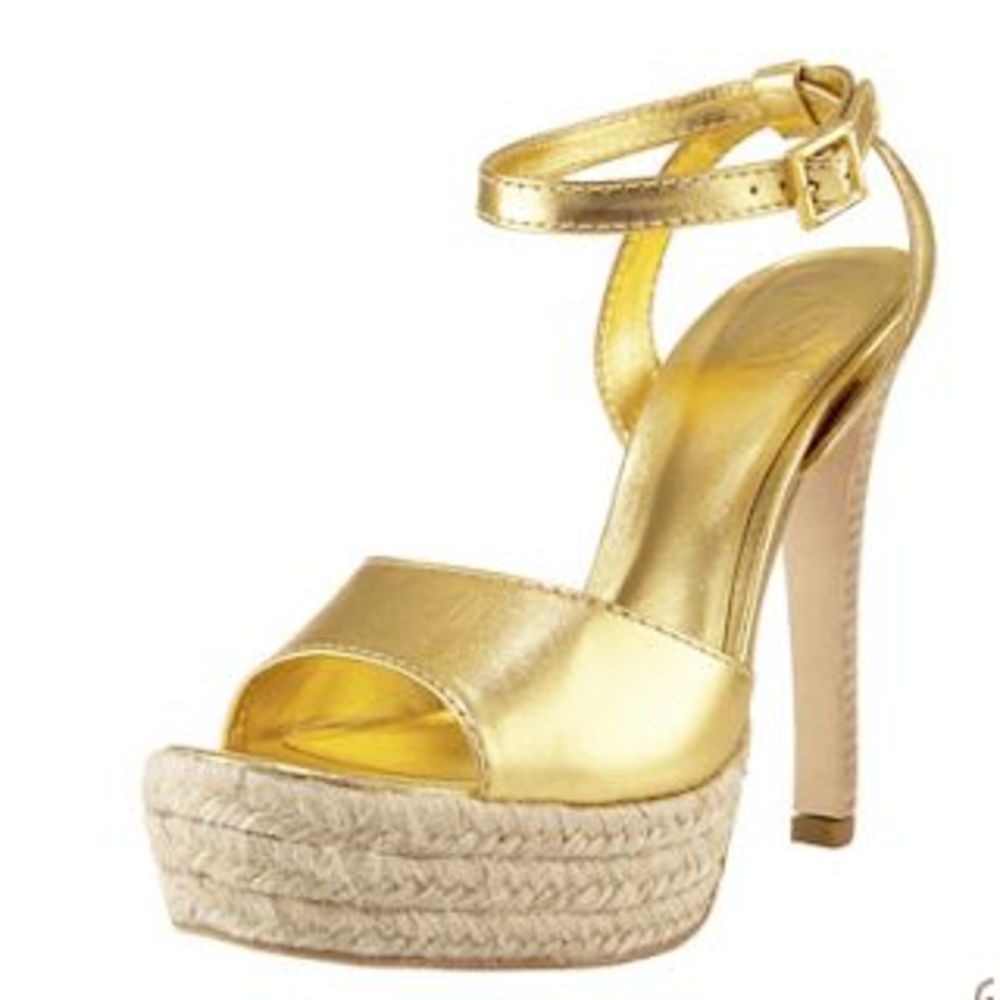 Tory Burch Espadrilles High Heels Womens Size 8.5 Metallic Gold Platform Sandals